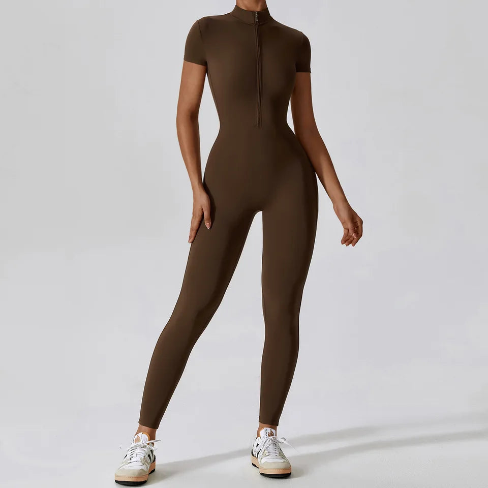 Ensemble de yoga une pièce pour femme, combinaisons, fermeture éclair trempée, manches courtes, sall